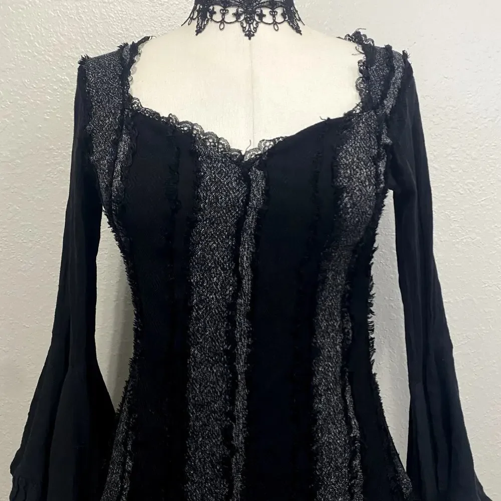 Asymmetrical Striped Layered Flare Dramatic Sleeve Whimsigoth Vamp Gothic Dress - Picture 4 of 12